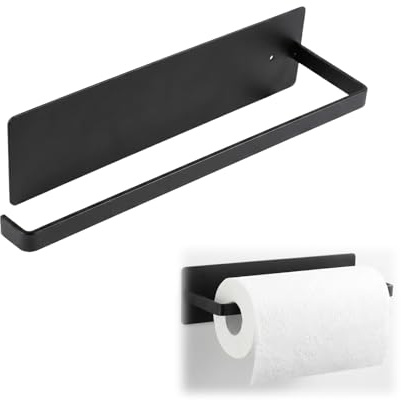 Porte Essuie Tout sans Perçage, Dérouleur Essuie-Tout Mural Adhésif en Acier au Carbone Antirouille, Support sous Armoire pour Rouleau de Papier Cuisine, Salle de Bain, Noir