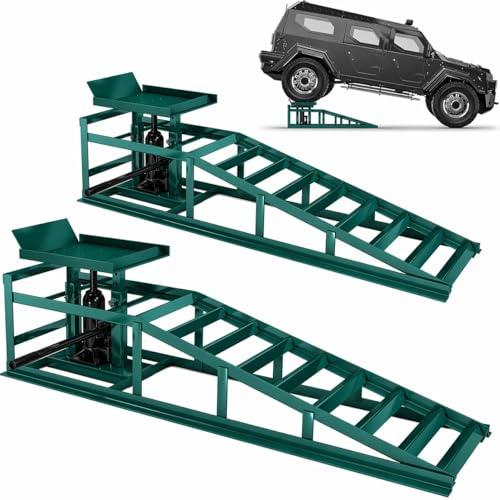 TANIASHOP Set 2 Rampe Carrabili con Martinetto Idraulico Auto Max 3000Kg Regolabili Sollevamento 305-370 mm Piattaforma Antiscivolo per Manutenzione Auto Furgoni Officina