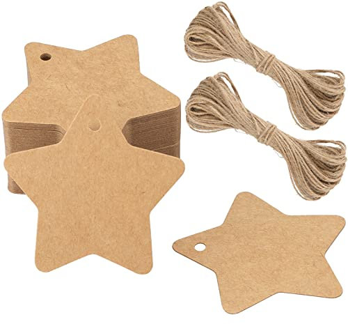 G2PLUS 100PCS Etiquetas de Papel Kraft Regalos Estrellas 6 cm * 6 cm Marrón Cordel de Yute 20M