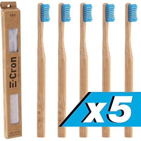 5 x Brosse à dents en bambou (Bleu) E-Cron avec poignée écologique, 100% bio et biodégradable. Vos soins dentaires naturels avec la touche propre et chaude du bambou.