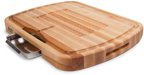 John Boos Maple Wood Cutting Board, 24”x18” – 2.25” Thick, 31-lb Reversible Wooden Butcher Block with Catch Pan, Sloped Juice Groove, Edge-Grain & Finger Grips - Carving Series