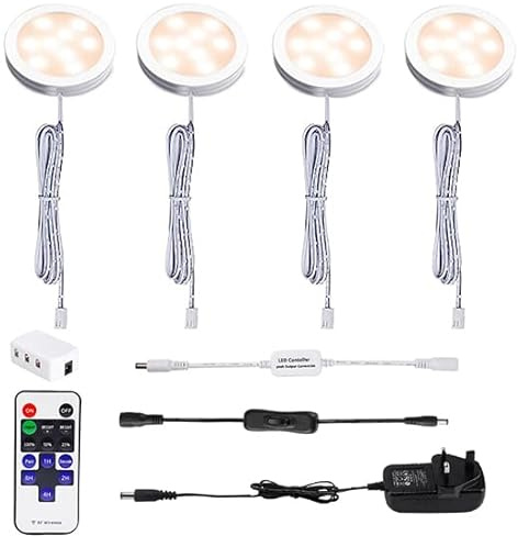 AIBOO LED Under Cabinet Kitchen Lights Plug in Wired 4 Pack with Remote,Warm White Dimmable Under Cupboard Kitchen Lights Mains Powered,Under Counter Light Display for Closet Showcase Wardrobe