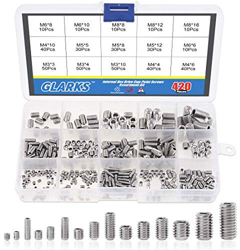 Glarks 300 Stück Madenschrauben, Edelstahl Gewindestifte Schrauben M2.5 M3 M4 M5 M6 M8, 15 Größen Hex Grub Kopf Maschinenschraube, Edelstahl Madenschrauben Sortiment mit Kleinem Inbusschlüssel Set
