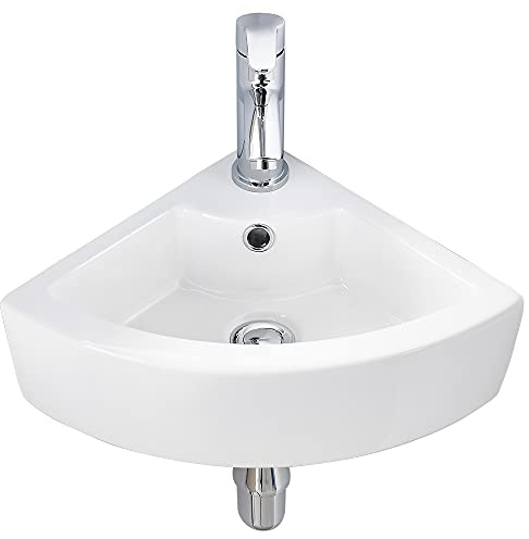 VASOYO Small Corner Bathroom Sink - White Triangle Porcelain Ceramic Wall Mount Vessel Sink, Above Counter Design with Single Faucet Hole & Overflow