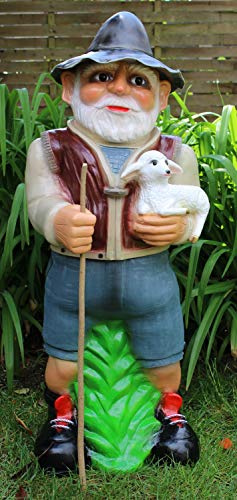 RAKSO Deko Garten Figur Dekofigur Gartenfigur Tierfigur Hirte Schäfer mit Lämmlein aus Kunststoff H 86 cm