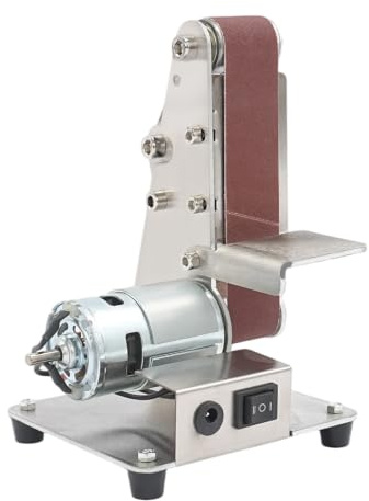 Mini Bandschleifer 200W Bandschleifmaschine mit 10 Schleifbänder | Bandschleifer Stationaer 7-Gang 4500-9000r/min Vorwärts-/Rückwärts Werkbank wird bis zu 90 ° eingestellt