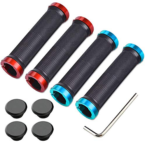 Aiqeer 2 Pares Puños Bicicleta Montaña, Puños Manillar Goma Antideslizante Ergonomicos, Puños Manillar Bici Doble Bloqueo, Empuñadura BMX, Puños MTB, para Mango con Diámetro 22 mm (Azul + Rojo)