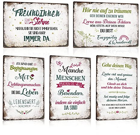 5er Set Blechschild sprüche - GEH DEINEN WEG - FREUNDINNEN SIND WIE STERNE - Begegnungen Mit Lieblingsmenschen - Vintage Schild Wand Dekoration Metallschild Türschild Geschenk 20x30cm