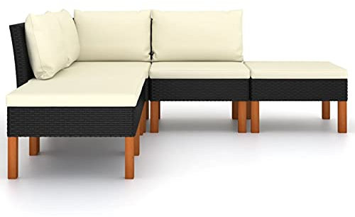 Gecheer 5-TLG. Gartenmöbel, Garten-Lounge-Set mit Kissen, Gartensofagarnitur, Terrassensofa, Rattansofa, Sitzgruppe, Gartensofa Ecksofa Mittelsofa Poly Rattan Schwarz Kissen Farbe: Cremeweiß