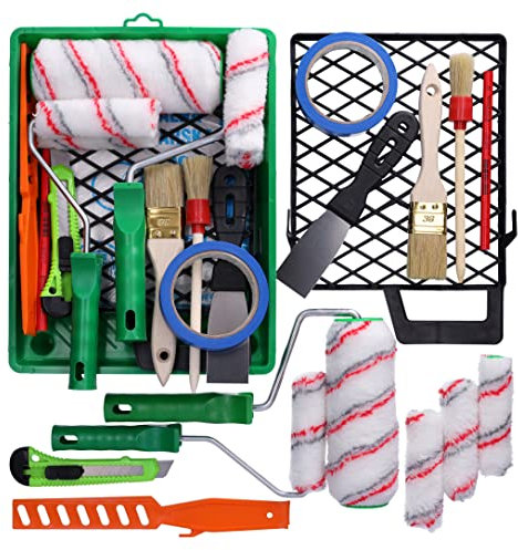 ToolSpace Malerset 2x Farbrollenset +2x Malerpinsel + Malerband +, Farbwanne + Abdeckfolie + farbroller + Farbrührstab + Abbrechmesser + Zimmermannsbleistift + Malerspachtel malergitter