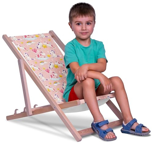 DreamRoots Kinder Liegestuhl Holz Gr. S, Unicorns Have Fun | Klappbarer Campingstuhl faltbar, für Garten & Strand, bis 130 kg, waschbarer Bezug, 100% Polyester, UV-beständig, Kinderliege