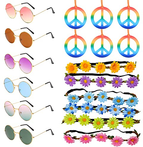 AWCIGG® 18 Stück Hippie Kostüm Zubehör, Hippie Brille Blumen Haarband Peace Kette, 60er/70er Jahre Retro Hippie Accessoires Set für Damen Herren Hippie Kostüm Party