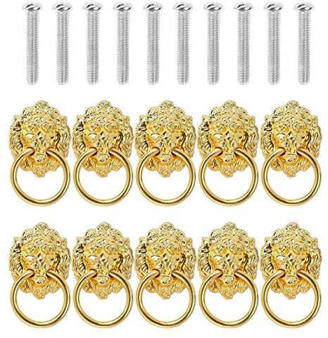 DUNSBY Türklopfer 10Pcs Löwe-Kopf-Zink-Legierung Knob Pull Griff Türklopfer Hardware Ring Möbel Befestigungsschrauben Antike Türgriffe Griffe Griff (Color : 10Pcs Gold)