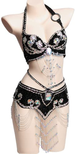 JRUIA Bauchtänzerin Kostüme Für Damen Karneval Professionelle Leistung Tanz Outfit Maskerade Kleidung Top BH Für Den Bauchtanz Und Gürtel Für Den Bauchtanz 2 Teiliges Set,C,M