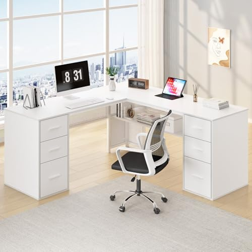 HSH Schreibtisch L mit Schubladen Eckschreibtisch für Homeoffice Computertisch mit Stauraum und Schrank Moderner Schreibtische mit Metall und Holz für Arbeitszimmer Weiß 150 cm