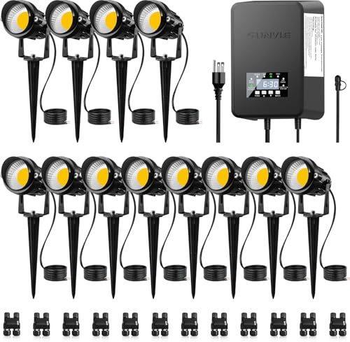 SUNVIE 12 Pack Low Voltage Landscape Lights with 300W Transformer 12-24V LED Landscape Lighting Kit 3000K Waterproof Aluminum Landscape Spotlights with Wire Connectors for House Yard Tree Garden