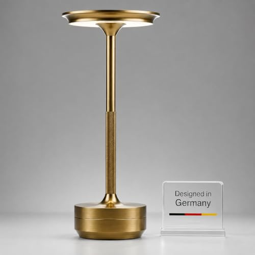 TAP Light Retro Tischlampe Gold Dimmbar I Aluminium Vintage Lampe mit modernem Design I 28cm Hoch Akku betrieben I Elegante Nachttischlampe egal für Wohnzimmer, Esszimmer& Schlafzimmer