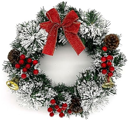 Irishom Weihnachtskranz für die Haustür, 20,3 cm, künstlicher Winterkranz zum Aufhängen an der Haustür, Fensterdekoration mit Tannenzapfen, Glocken und Beeren, Weihnachtsbaumschleife, Kranz