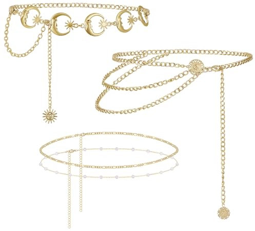 Otuuz 3 Stück Metall Taillenketten Mehrschichtige Lange Quasten Mond Stern Sonnen Anhänger Bauchkette Gürtel Set Verstellbare Frauen Taillen Schmuck (Gold)