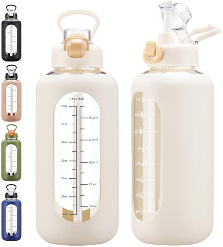 chunmo 64 oz Glass Water Bolttles with Straw Half Gallon Large Motivational Water Bottle with Time Marker Sports Water Bottles with Silicone Sleeve and Handle Lid Water Jug for Gym Workout