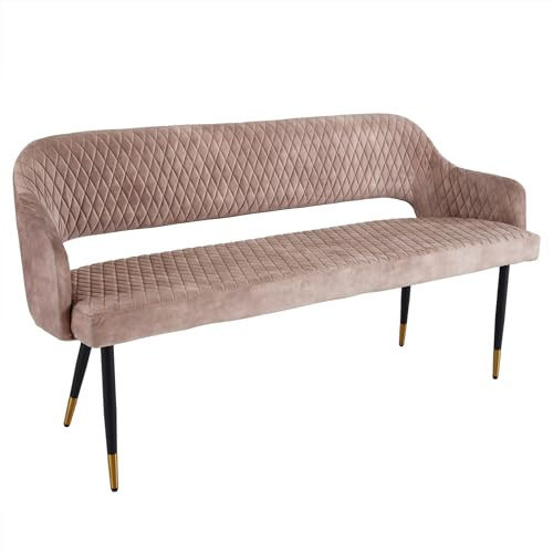 Sitzbank PARIS - 160cm - greige - Samt Metall-Beine Retro goldene Fußkappen | montiert geliefert, hohe Belastbarkeit, hoher Komfort, Ziersteppung, vielseitig einsetzbar, angenehme Haptik