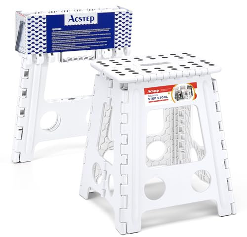 ACSTEP Klappbarer Tritthocker, 40,6 cm, robuster Tritthocker, faltbar für Erwachsene und Kinder, zusammenklappbarer Tritthocker mit Griff, rutschfeste Klapphocker für Küche, hält bis zu 180 kg (Weiß,