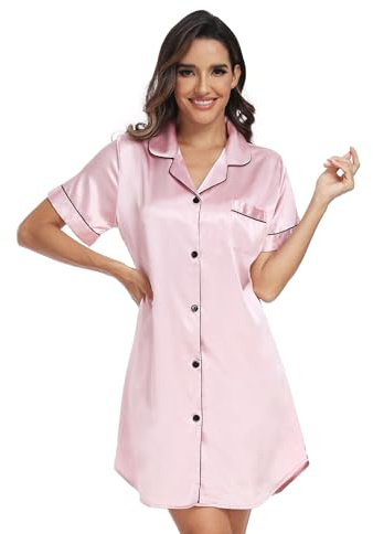 North Linning, nattlinne, damer, nattkläder, kortärmad sovskjorta, V-hals, nattklänning, sovskjorta, amningsnattskjorta med knappslå fickor, sommar, ROSA, XL