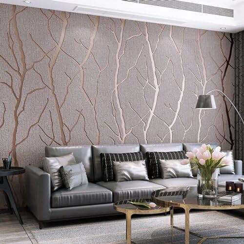 Trafagala Non-Woven Taupe Wallpaper 3D Embossed Striped Feature Branch Glitter Wallpaper Flocking Textured Modern Minimalist for Bedroom Living Room TV Backdrop Hallway Hall Lounge