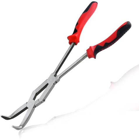 LeonTool 13-Inch Long Reach 90 Degree Bent Nose Pliers with Dual Pivot, Double Joint, Serrated Jaw for Narrow Spaces