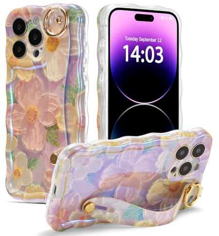 EYZUTAK Case with Hand Strap for iPhone 14 Pro Max, Colorful Oil Painting Flower With Wristband Kickstand Laser Curly Wave Edge Phone Cover Stylish Durable TPU Protective Case for Women - Pink