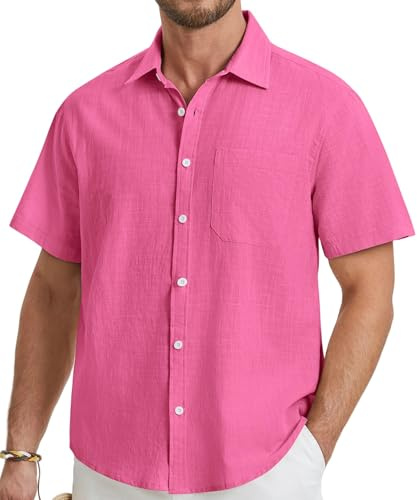 HISDERN Camicia Lino Uomo Manica Corta Casual Estate Lino Cotone Camicie per Spiaggia Vacanza Lavoro Camicia con Bottoni Tasca Regular Fit