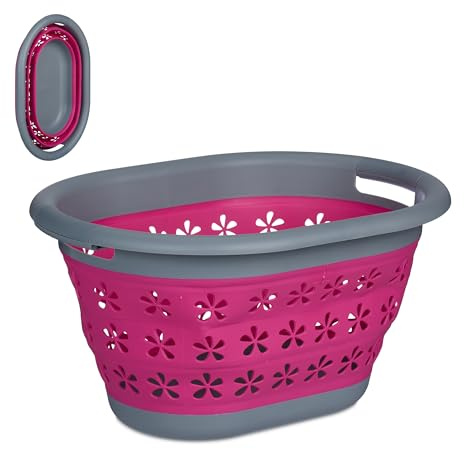 Relaxdays Wäschekorb faltbar, 17 l, Kunststoff, mit Tragegriffen, HxBxT: 26,5 x 50,5 x 37,5 cm, Wäschewanne, pink/ grau