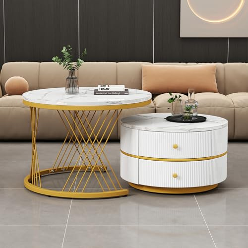RanRan Elegantes 2-teiliges, weißes Couchtisch-Set in Nestform, 60x60x46cm & 50x50x31cm, runde Tische mit hochglänzender Marmoroptik, 2 Schubladen,Nesting-Kombination Couchtisch (Weiβ+Golden)
