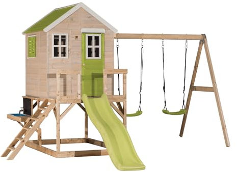 Wendi Toys M28-K Stelzenhaus mit Rutsche, Doppelschaukel, Spielküche aus FSC-Holz, Spielhaus Kinder Outdoor Garten mit Plattform 90 cm, Wasserhahn, Sandkasten, Zubehör, 330×405×242 cm