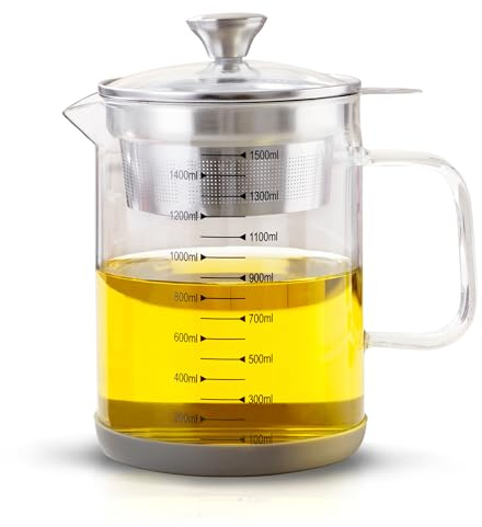 Botella de aceite de vidrio de 50 onzas, recipiente de grasa de tocino con colador, lata de almacenamiento de aceite de cocina con filtro de malla fina y escala, leche de nueces, leche de soja,