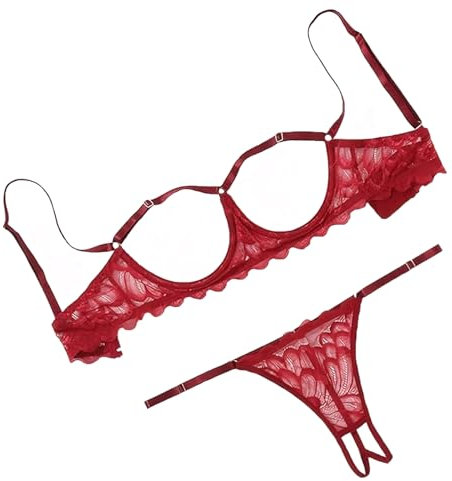Sexy Lace Lingerie Women Floral Strappy Bra and Panties Set Sheer Mesh Babydoll 2 Piece Push Up Underwire Bralette G-String Underwear Naughty Hollow Sleepwear for Party Outfit Valentine (Wine red, M)