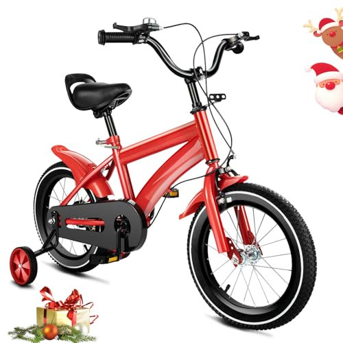 OUBUBY 14 Zoll Kinderfahrrad für 2-4 Jahre Mädchen & Jungen,14 Zoll Kinderfahrrad mit Stabilisatoren & Handbremsen,Stützräder Kann bis zu 110lbs Kinderrad (Rot)
