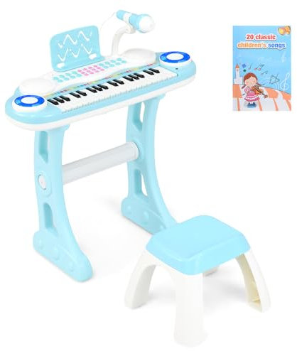 COSTWAY 37 Tasten Klaviertastatur mit Licht, Elektro Kinder Keyboard Aufnahme & Wiedergabe, Klavier Spielzeug mit Mikrofon, Ständer & Hocker, Spielzeugklavier für Kinder ab 18 Monaten (Blau)