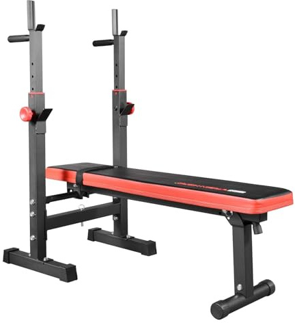 Train Hard® klappbare Hantelbank mit Gusseisen Gewichten, mit höhenverstellbarem Hantelständer und robuster Langhantel, Inkl. 34/48/60 kg Hanteln Set (A:Hantelbank)