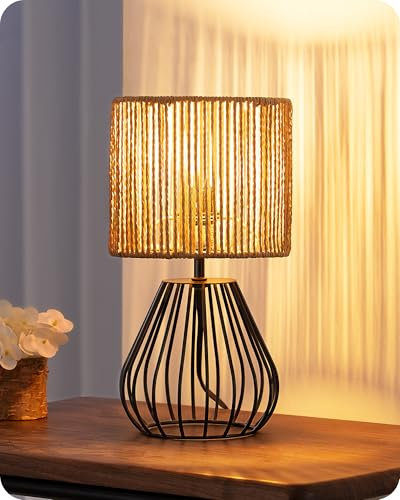 EDISHINE Tischlampe Wohnzimmer, Boho Tischleuchte mit gewebtem Papierseil-Schirm in Metallgitter-Optik, E14 Nachttischlampe Vintage für Schlafzimmer, 29 cm, inkl. 4W LED-Leuchtmittel, Schwarz