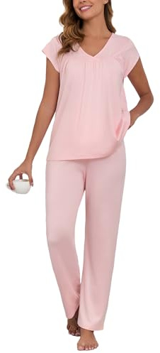 Famulily Ladies Cute Summer Pyjamas Set Pleated Tshirt and Loose Pants Casual Cotton Pjs Nightwear Pink XXL