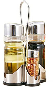 Condiment Holder Set with Glass Cruets & Stainless Steel Rack – Oil Vinegar Dispensers, Salt Pepper Shakers for Kitchen, Restaurant, Barasin