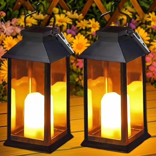 Dekofun Lanterne da Esterno 2 Pezzi Lanterna Solare da Esterno con Candele Tremolante, IP44 Impermeabile Lampada Solari da Appendere, Luci Solari Giardino per Terrazzo Prato Cortile Natale
