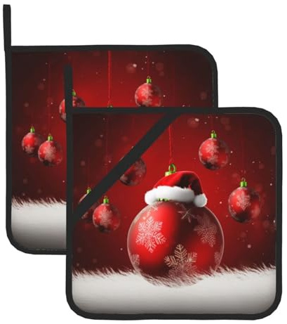 Quadratische Topflappen mit rotem Ball, Weihnachtsmotiv, 2 Stück, hitzebeständig, für Küche, Backen, Grillen