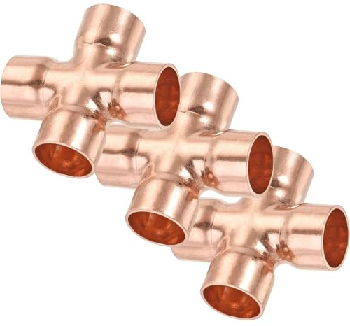 15mm Copper End Feed Equal Cross 4-Way Pipe Fitting for Plumbing Air Conditioning Refrigeration (3Pcs)