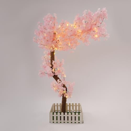 Künstlicher Kirschbaum Innendekoration Pinker gefälschter Sakura-Baum mit Warm Yellow LED Pinke künstliche Blumen Großer Kirschbaum für inkaufszentrum Hotel Hochzeitsdeko, 100*160cm/39.37*62.99zoll