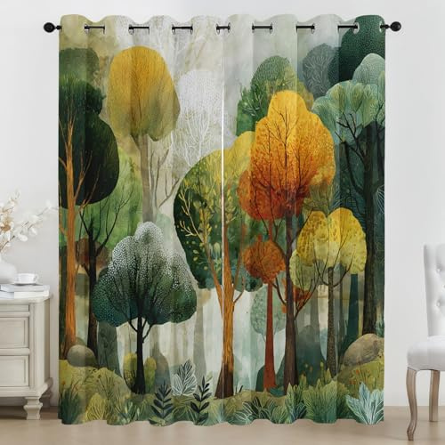 Generisch Aquarell Wald Vorhänge, Moderne Kunst Vorhang Blickdicht 2er Set B 140 x H 260 cm, Blickdicht Thermovorhang Hitzeschutz Gardinen mit Ösen, für Schlafzimmer Wohnzimmer, Bunt Bäum Muster TW21