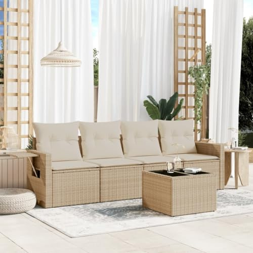 JHQHSM 5-TLG. Garten-Sofagarnitur mit Kissen Beige Poly Rattan Sofa Set inklusive Tisch und Beistelltisch aus Hartglas mit klappbaren Ablagen für Terrasse Garten Innenhof