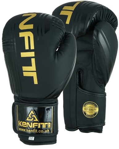 KENFIT Guantoni da boxe e MMA, per allenamento, Muay Thai, guantoni da boxe per ragazzi e adulti, guanti da combattimento in pelle, colore nero, 14 once
