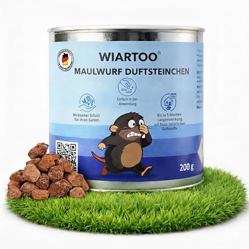 WIARTOO® Maulwurf Vertreiber ohne Gift – ca. 50 Anwendungen - Maulwurfschreck & Wühlmausabwehr für Garten - Duft-Lavasteine mit ätherischen Ölen - Alternative zu Karbid & Maulwurfgas